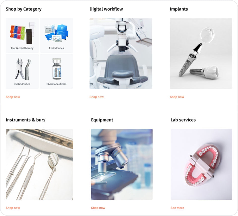 EM Dental main product page sort by categories