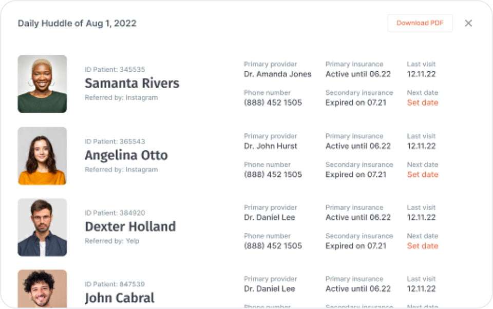 EM Dental patient appointment scheduler daily huddle